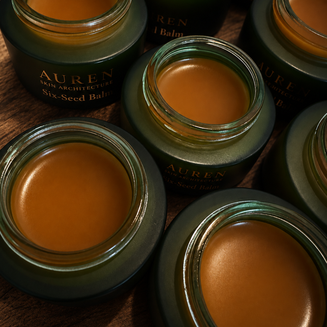 Several open jars of Auren Skin Architecture Six-Seed Balm arranged on a dark wooden surface. The balm inside the clear jars is a warm golden tan, and the jars are dark green with gold lettering.