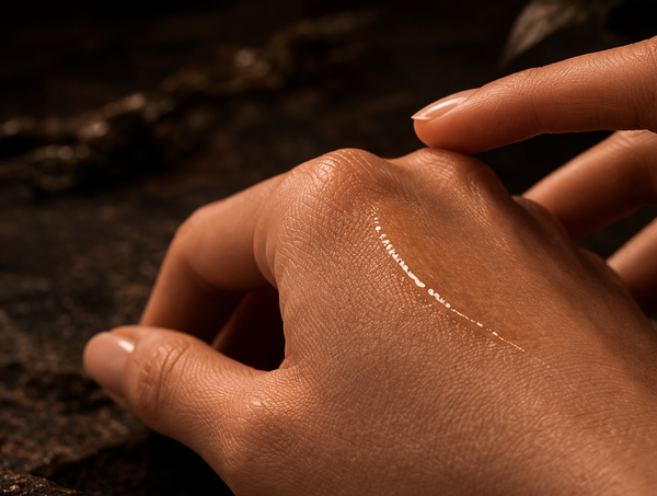 Close-up of a hand with a drop of balm on a dark background