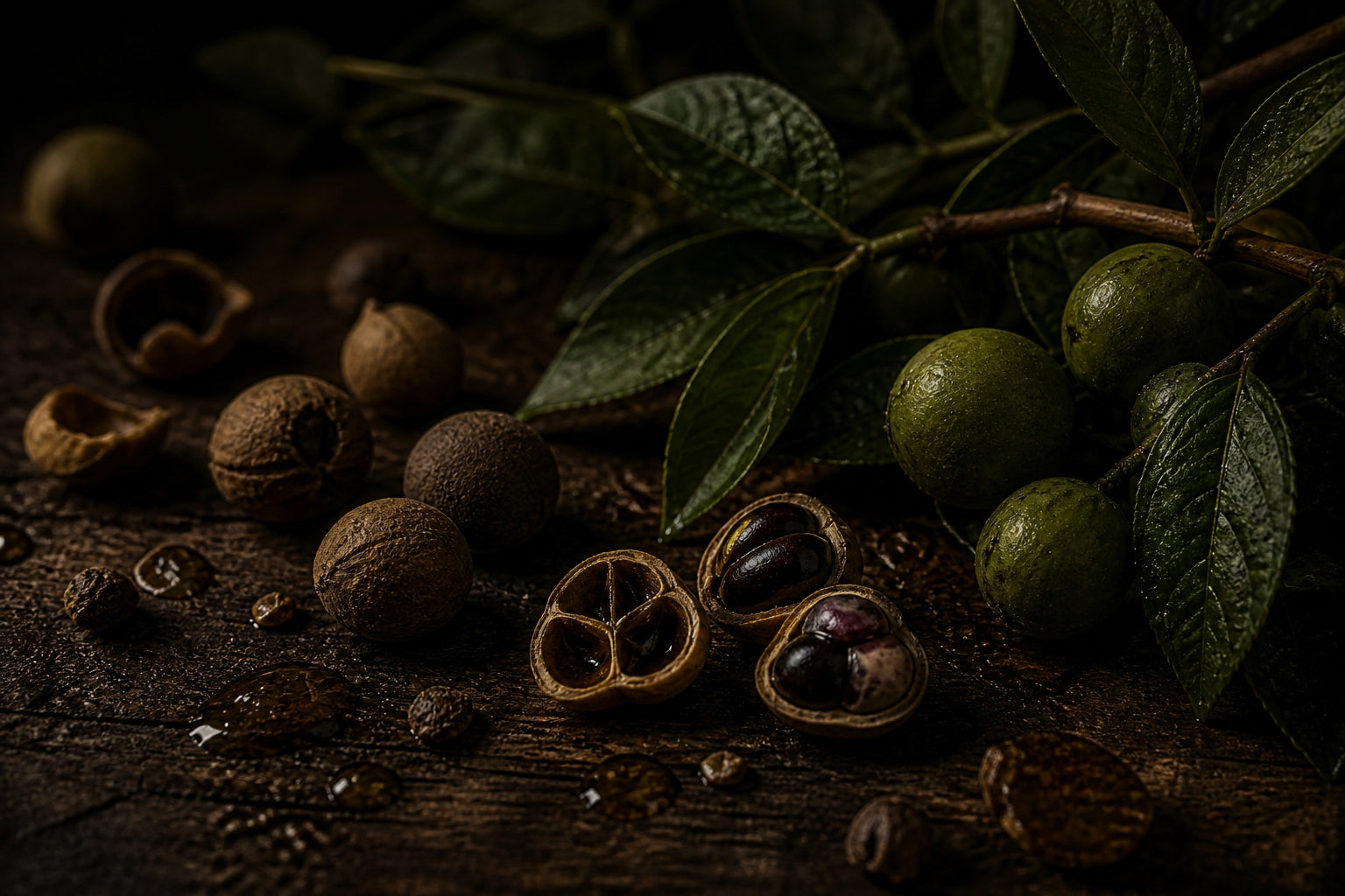 Cacay nuts and leaves on a dark wooden surface