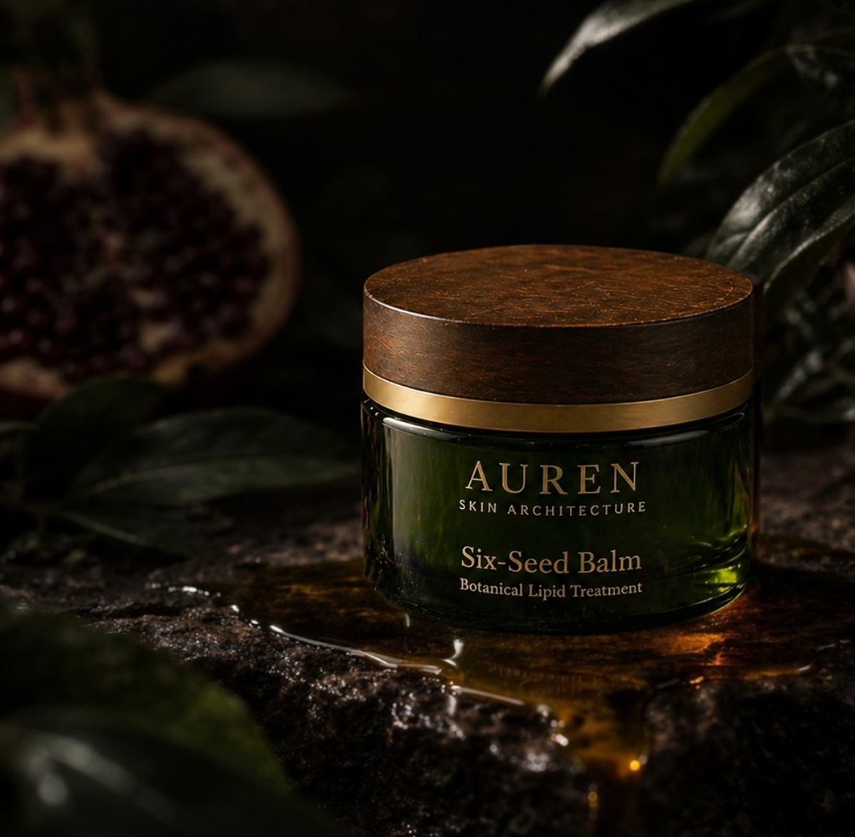 Auren Six-Seed Balm jar with a dark background
